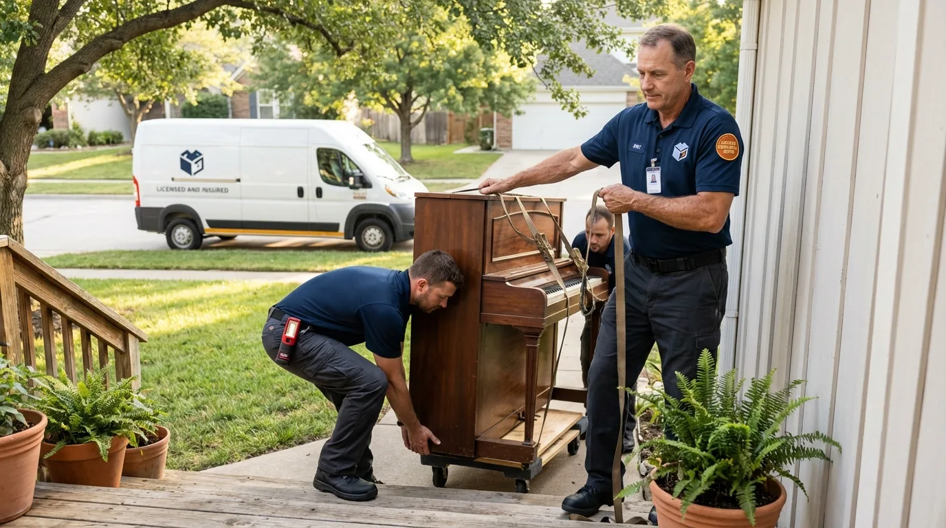 Licensed piano movers securing grand piano in Cresskill, NJ